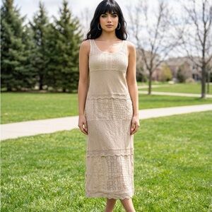 NWT- Young Threads Sleeveless Crochet Maxi Dress in Light Beige